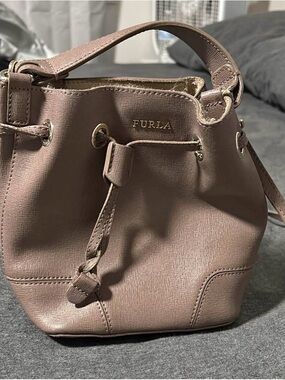 Furla Taupe Mini Drawstring Bucket Bag